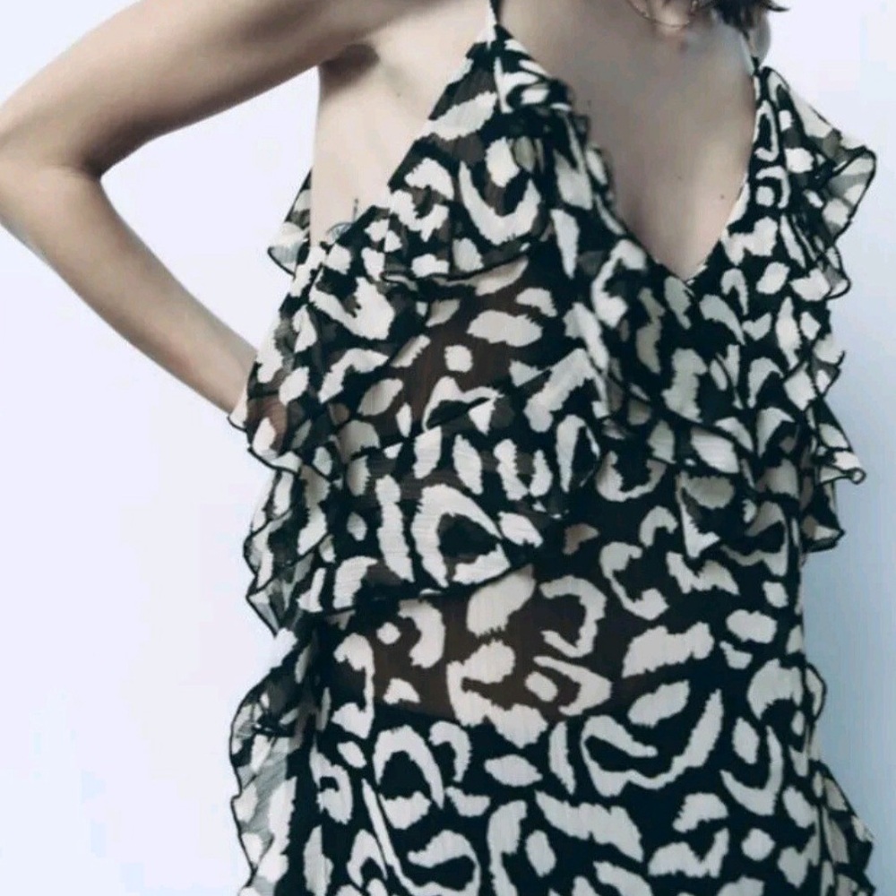 Zara • Ruffle Leopard Tank Top • Black & Cream • Size XS